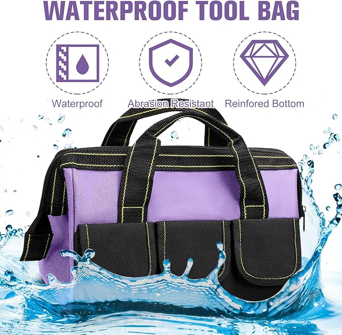 Sanwuta 3 Pack Tool Bag for Men with Waterproof Hard Bottom, Heavy Duty Tool Bag Wide Mouth Tote for Various Instrument, Electrician Carpenter Mechanic(Red, Pink, Light Purple,16 Inch,Classic)