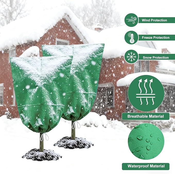 4 Pack Frost Blankets for Outdoor Plant Covers Freeze Protection Frost Covers（31.5" x 47.3"） with Zipper Drawstring Outdoor Winter Frost Cold Weather Shrubs Trees Jacket Covers(Green)