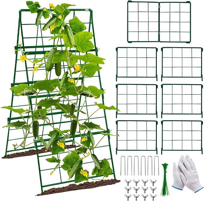 Thickened Cucumber Trellis for Raised Garden Bed,48"x16" Foldable Frame Metal Vegetable Trellis for Climbing Plants Outdoor Plant Support for Grape Tomato Peas, Fruit, Vine,Bean(Green) (2)