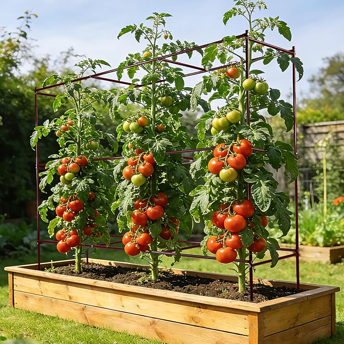 Tomato Cages – 47" H x 58" L x 14" W Row Tomato Trellis, 3-Tier Heavy-Duty Steel Support System for Indeterminate Tomatoes, Supports Up to 6 Plants Per Set