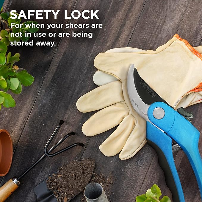 Nevlers 8" Blue Bypass Pruning Shears Heavy Duty | Ergonomic Plant Shears & Floral Scissors w/Steel Blades & Safe Lock | 8mm Cut Garden Clippers Handheld Pruning Scissors for Flower Stems & Branches