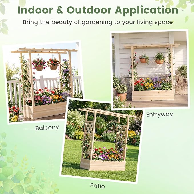 Raised Garden Bed with Trellis, Wood Planter Box w/Trellis, Hanging Roof, Drainage Holes, Freestanding Planter Raised Bed for Outdoor Climbing Plants Flowers, Patio Yard Balcony (2, Natural)