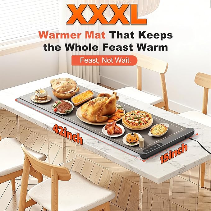 Silicone Food Warming Mat - 42 x 15 Inch Extra Large with Heat-Resistant Mat, 500W Graphene, 6 Temp & 6H Timer, Rollable Electric Heating Mat