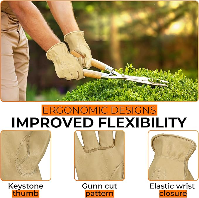 HANDLANDY Men Leather Gardening Gloves, Utility Work Gloves for Mechanics, Construction, Driver