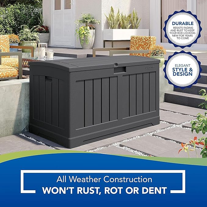 Suncast 50 Gallon Medium Capacity All Weather Construction Resin Outdoor Storage Deck Box with Arched Lid for Patio, Garden, or Pool, Peppercorn