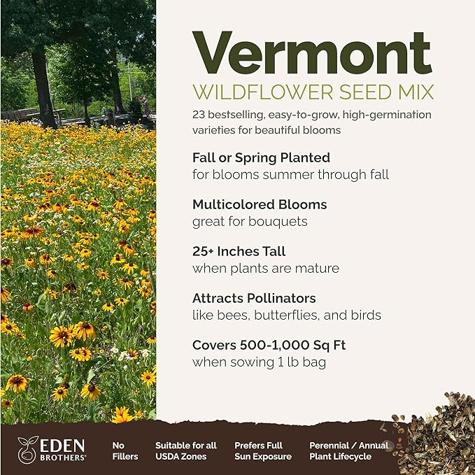 Eden Brothers Vermont Wildflower Mixed Seeds for Planting, 1 lb, 480,000+ Seeds with Cosmos, Cornflower | Attracts Pollinators, Plant in Spring or Fall, Zones