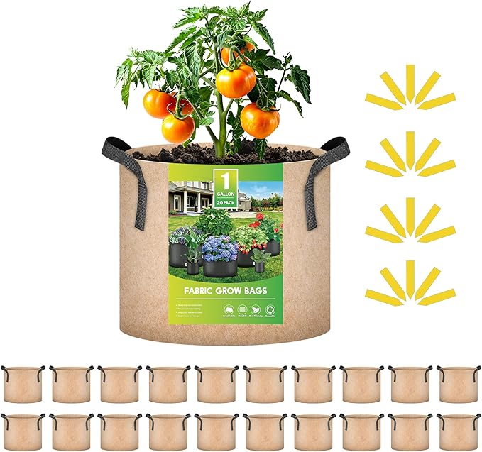 iPower 20-Pack 1 Gallon Grow Bags 300G Thick Nonwoven Aeration Fabric Pots Heavy Duty Plant Containers with Handles for Garden Planting, Tan