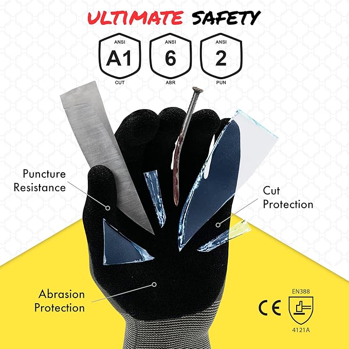 Quest Protective Apparel Cut Resistant Work Gloves (ANSI A1) – Lightweight Graphene Gloves for Gardening,DIY, Mechanical & General Handling – Breathable Grip Gloves for Men & Women – Medium, Pack of 3