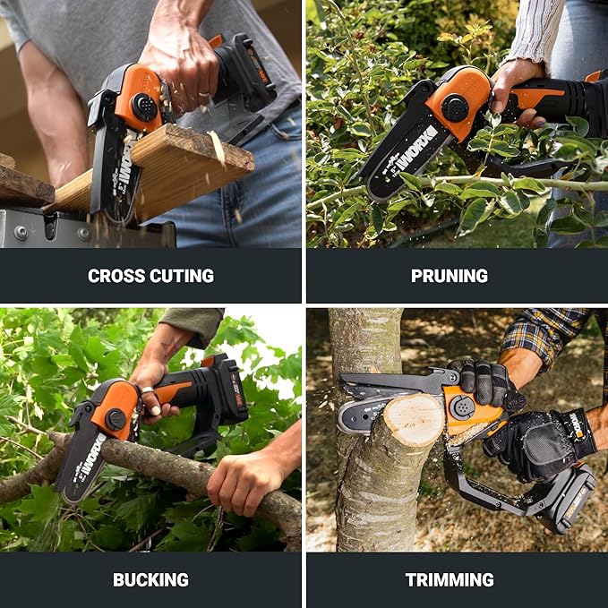 Worx 20V 5" Mini Cordless Chainsaw, 3.9 lbs, 22 ft/s Chain Speed, Power Share Battery, Upper & Hand Guard WG324 - Battery & Charger Included
