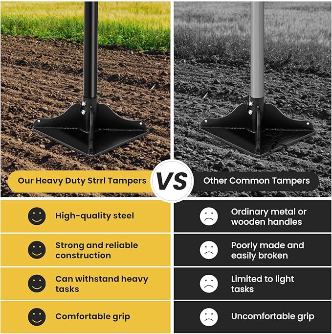 Ground Tamper Tool, 8"X8" Steel Tamper, Heavy Duty Hand Soil Tamper Tool with 48 Inch Handle for Leveling Soil, Installing Paving Stones, Gravel, Asphalt, Sand, and Repairing Pavement