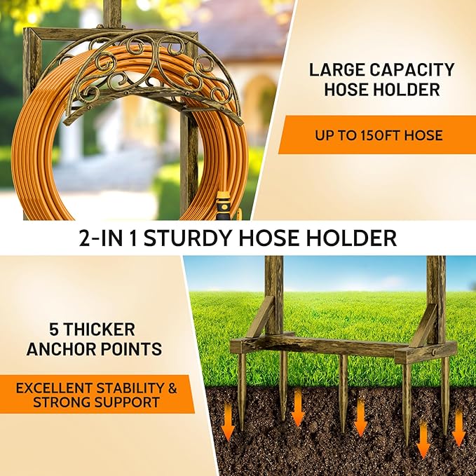 Garden Hose Holder - Upgraded Water Hose Holders for Outside with 5 Spikes & 2 Shepherds Hooks, Freestanding Hose Stand Hose Hanger Hose Storage Hose Reel Rack for Yard Lawn(Antique Golden)