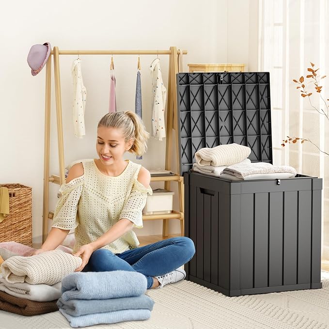 Waterproof Outdoor Storage Box, 50 Gallon Lockable Deck Box, UV-Resistant Outside Storage Bin With Hydraulic Lid For Patio Furniture, Cushion Organizer, Garden Tools, Pool Accessories, Black