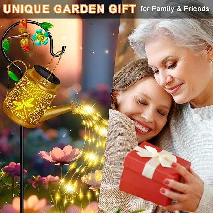 Solar Lanterns Dragonfly Outdoor Garden Decor, Mothers Day Gifts for Women Mom Grandma Birthday, Large Frog Hanging Watering Can with Shepherd Hook, Waterproof Garden Lights for Outdoor Yard
