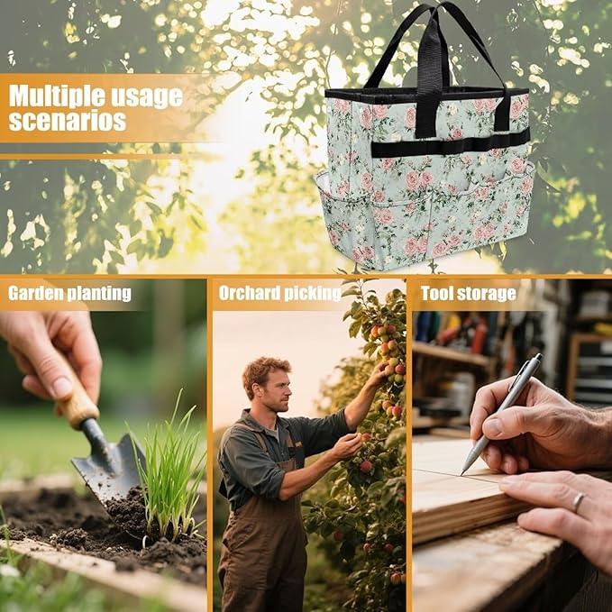 Rose Print Garden Tool Bag Portable Gardening Tool Organizer Bag with 10 Pockets and Handle Tool Carrier and Storage for Garden Lawn Yard Casual Camp