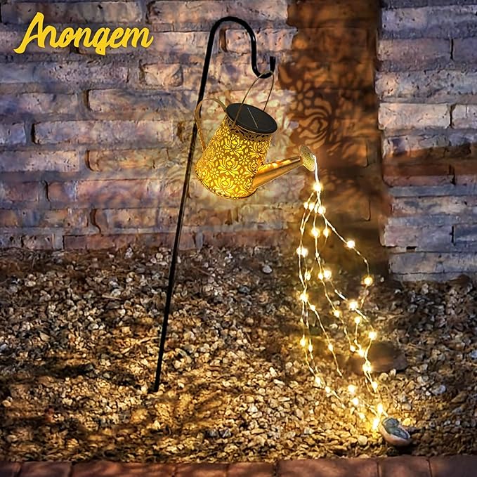 Solar Watering Can Light - Metal Openwork Lotus Flower with Hook - Waterproof Hanging Lantern Outdoor Garden Yard Decorations - Birthday Gardening Gifts for Mom Grandma