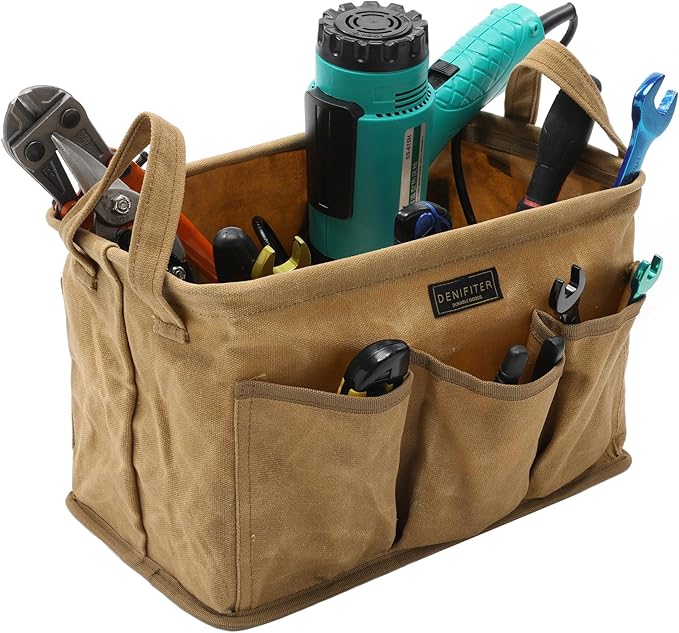 Heavy Duty 16oz Waxed Canvas Tool Bag, Rectangle Foldable Open Top Tool Bags with Handles,7 Pockets &13.8 x 7.8 x 7.8 Inches 3-Pack (Khaki)
