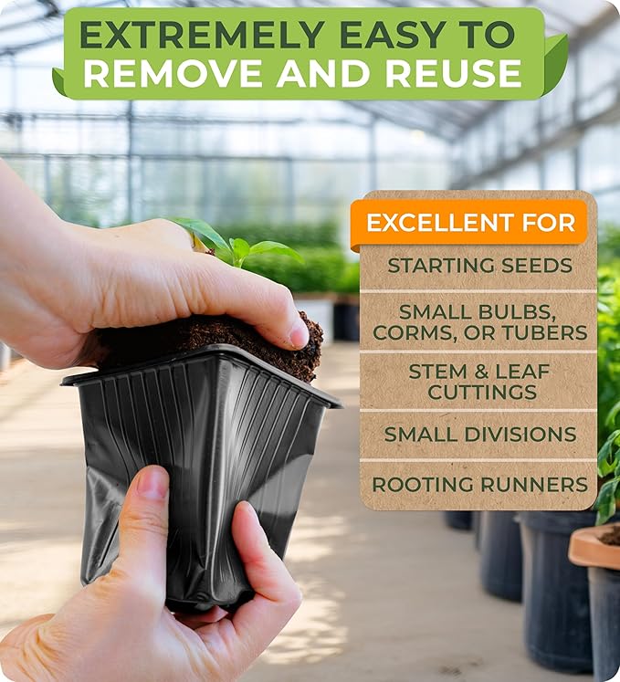 CARPATHEN 60Pack Square Nursery Pots - 3.5 Inch Seedling Plant Pot with Drainage Holes - Reusable Seed Starter Pots for Flowers, Vegetables, Greens - Includes 10 Plastic Reusable Tags