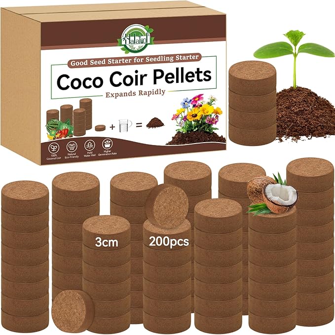 Halatool 200 Pcs Coco Coir Pellets, Coconut Soil Pellets for Seed Starting, Potting Soil Mix, Cat Grass Soil, Compressed Dirt Pods for Plants, Vegetables, Fruits, Flowers