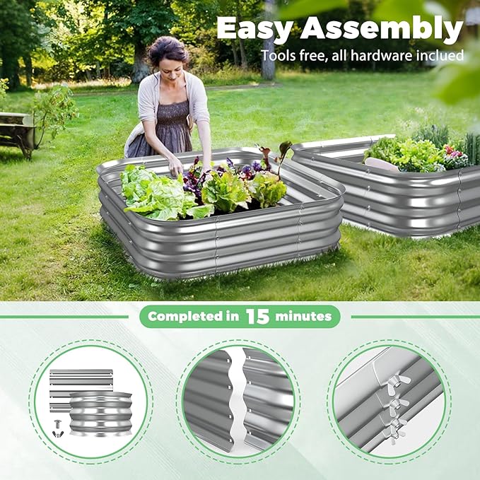 Galvanized Raised Garden Bed, 4x4x1ft Garden Planter Bed Outdoor, Heavy Duty Rustproof Steel Raised Bed Kit for Gardening Vegetables Fruits Flowers Grow, Silver