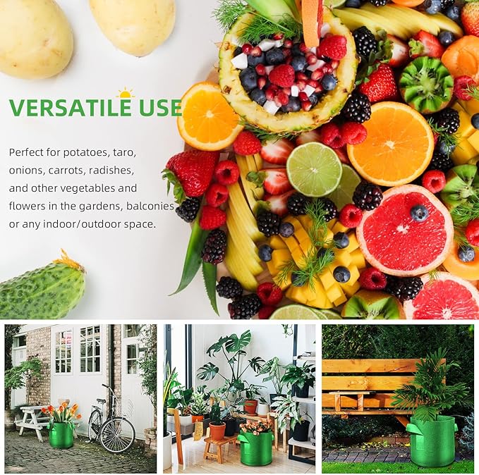 12-Pack 10 Gallon Plant Grow Bags, Thickened Nonwoven Fabric Pots with Handles, Vegetable Planter Bags Containers, Cloth Planters for Garden Vegetable/Flower/Plant/Fruits Outdoor (Green)