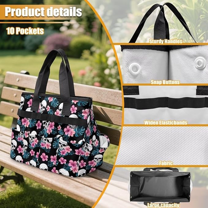 Skull Tropical Floral Garden Tool Bag Portable Gardening Tool Organizer Bag with 10 Pockets and Handle Tool Carrier and Storage for Garden Lawn Yard Casual Camp