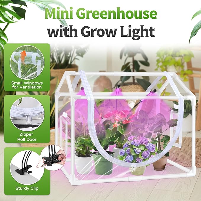 Mini Greenhouse Indoor with Grow Light, Small Tabletop Greenhouses Kit for Indoors, LED Plant Nursery with Timer & Zippered Door for Seed Starting, 25.6" L x 15.8" W x 20" H