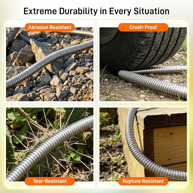 Garden Hose, 100ft 5/8" Stainless Steel Water Hose w/ 10-Mode Spray Nozzle, On/Off Valve, 523 PSI Burst, Anti-Kink, Lightweight All-Weather Flexible, Leakproof 3/4" Brass Male to Female Fittings