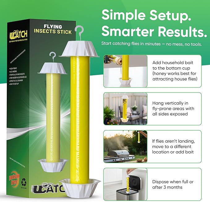 Sticky Fly Trap Indoor & Outdoor Pack of 8 | Hanging Fly Stick for Gnats, Flies, Wasps, Mosquitoes & Other Flying Bugs | Fly Trap Sticky | Fly Catcher Indoor | Flying Insect Trap Rolls | Ucatch