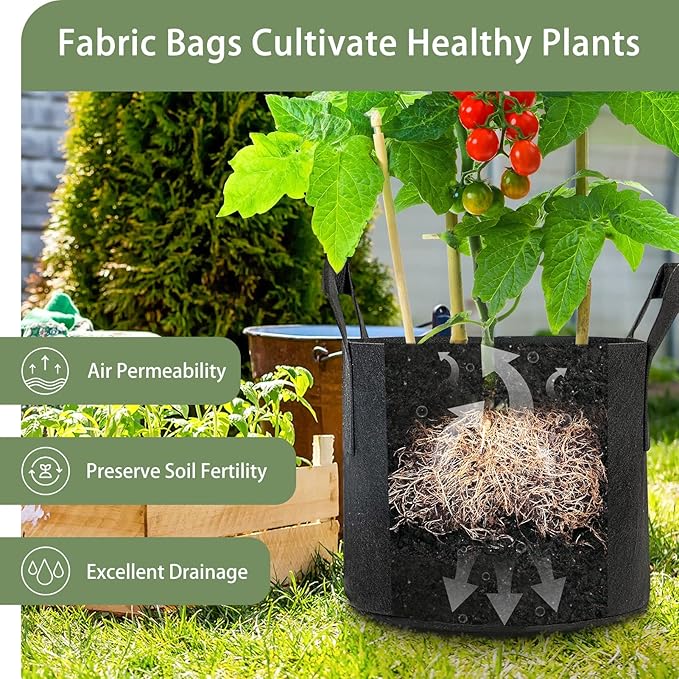 GreatBuddy 7 Gallon Grow Bags 12-Pack, Thick Fabric Pots for Plants, Sturdy Handles & Reinforced Stitching, Labels Included, Black