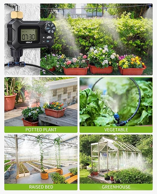 HIRALIY 59FT Greenhouse Misting Drip Irrigation Kit with Water Timer, Quick Connector Design Garden Watering System, Automatic Irrigation System with Tubing, Nozzles for Hanging Plants, Raised Bed