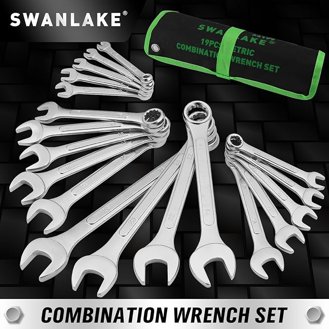 19-Piece Metric Combination Wrench Set, 6-24mm Standard Spanner Wrench Set, Mechanic Tool Sets with Rolling Pouch, Open End Wrenches for Household, Garage, Workshop, Auto Repairs