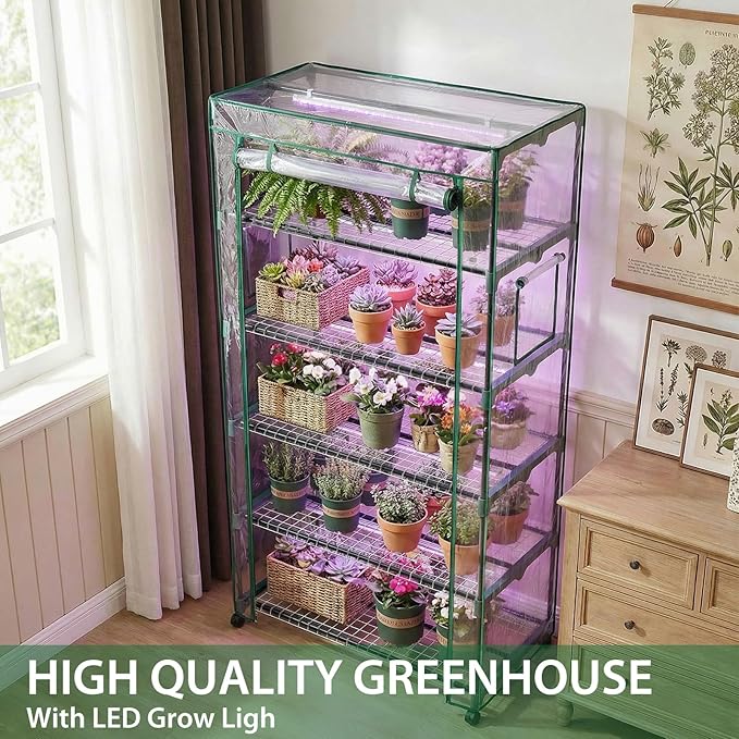 Indoor Greenhouse with Grow Lights & Wheels, 5 Tier Wire Shelf PVC Tent Portable Mini Green House Cabinet Kit for Plant Seed Starting Mushroom Grow