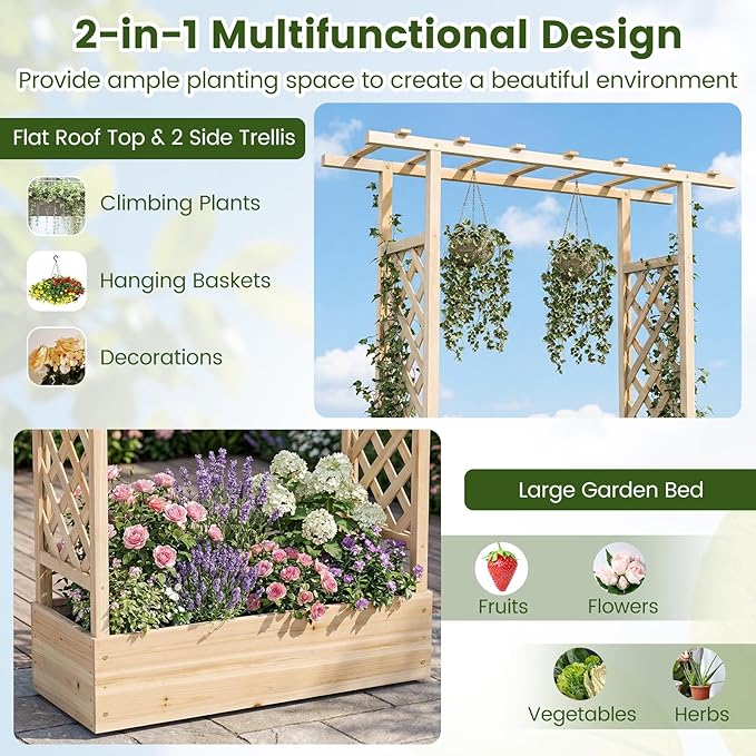 S AFSTAR Raised Garden Bed with Trellis, 2 Pieces Fir Wood Planter Box with Flat Roof & Drainage Holes, Vertical Planter Raised Bed for Climbing Plants, Flowers & Vegetables, 43" x 14" x 45" (Natural)
