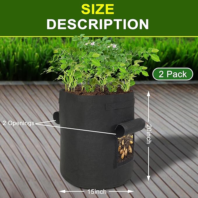 Potato Grow Bags, 2-Pack 15-Gallon Grow Bags with 2 Flaps and Reinforced Handles, Heavy-Duty Thickened 500G Aeration Fabric Pots for Potatoes, Tomatoes, Flowers, and Vegetables