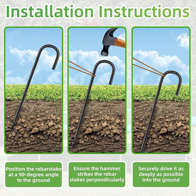 Black Rebar Stakes 12 inch (8pcs) - Heavy Duty 6mm Metal J Hook Ground Stakes,Galvanized Steel for Tent,Bounce House,Fence,Dog Coop,Artificial Turf,Outdoor Plants,Christmas & Holiday Decorations