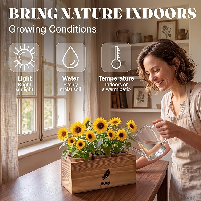 AVERGO Sunflower Seeds Growing Kit – Complete Seed and Plant Indoor & Outdoor Kit with Sunflower Seeds for Planting, Planter, Soil, Tools, Instructions – Ideal for Planting Sun Flowers at Home