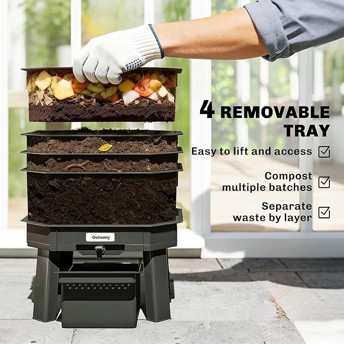 Outsunny 4-Tray Worm Composter Bin, 7.4 Gal Outdoor & Indoor Worm Composter, Farm Starter Kits for Vermicomposting Starter, Garden Composting Bin for Recycling Food Waste, Black
