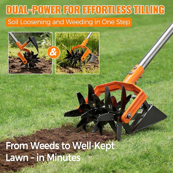 Pankay Rotary Hand Tiller for Gardening, Garden Cultivator Tool with Tilling Blade, 63’’ Adjustable Stainless Steel Poles Cultivators for Gardening, Lawn Care, Reseeding Grass, Soil Mixing