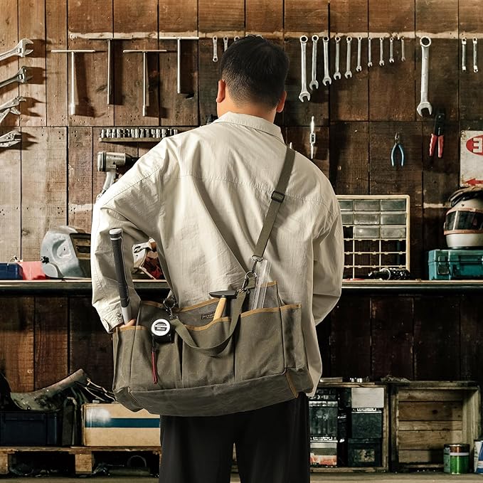 Waxed Canvas Tool Pouch,Garden Tool Bag Organizer with 8 External Pockets & Removable Handle, 15 X 9.8 X 7.8 inch Muti-Purpose Tool Bag with Adjustable Shoulder Strap | ArmyGreen