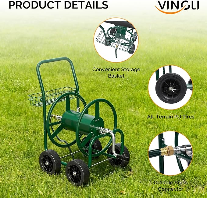 VINGLI 4-Wheel Garden Hose Reel Cart with Storage Basket, Portable Residential Hose Reel Cart, Lawn Watering, for Garden Backyard and Farm (Green 250FT)