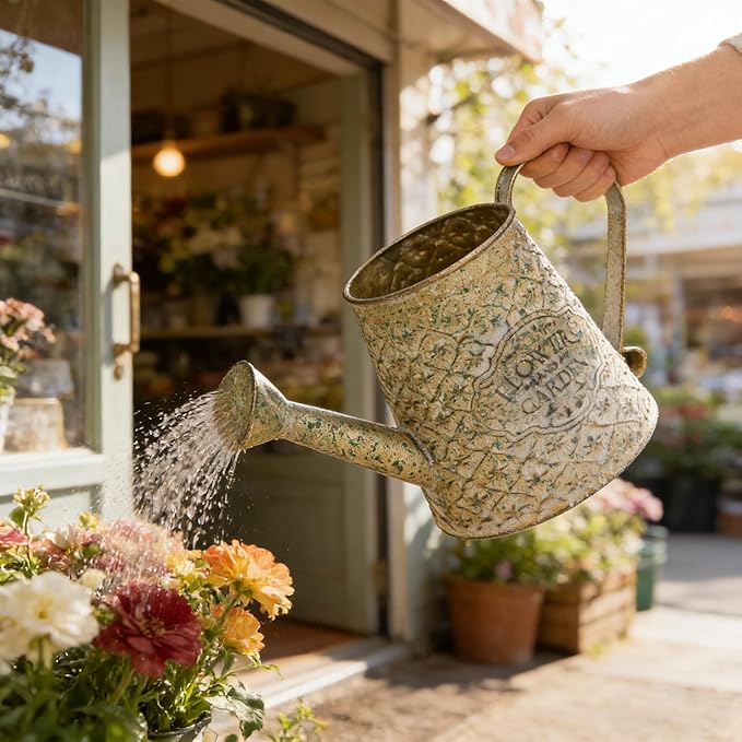 Vintage Metal Watering Can with Handle Rustic Farmhouse Watering Can Flower Pot Distressed Decorative Planter Retro Gardening Flower Bucket for Home Indoor Outdoor Garden Balcony Courtyard