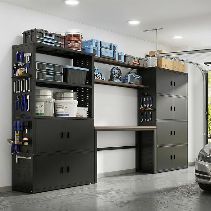 FLEXIMOUNTS Modular Garage Storage Cabinet System, All-in-One Garage Cabinet Set with Workbench & Pegboard, 6-Door with Open Shelf Access Heavy Duty Steel Tool Organization System, Black, FLEXIMOD