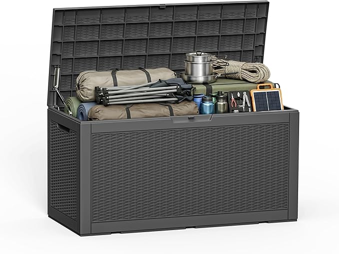 120 Gallon Outdoor Storage Deck Box Waterproof Resin Lockable Outside Bench Porch Patio Furniture Pool Float Garden Tool Cushion UV Resistant Bin Black