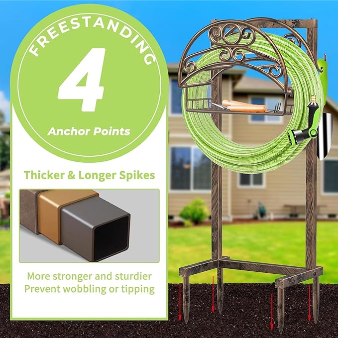TomCare Garden Hose Holder Upgraded Water Hose Holder Heavy Duty 4 Spikes Hose Hanger Holds 160 Feet Hoses Stable Freestanding Hose Storage Organizer for Outside Yard