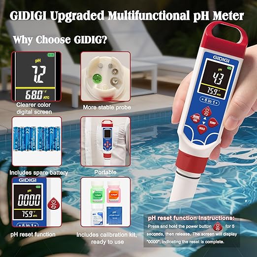 5 in 1 Digital pH Meter TDS EC Temp. Salinity Tester, Update Color Screen Pool Salinity Meter with Calibration Kit, Hydroponic pH Reader with Reset Function for Aquarium Reef Tank Cooking water