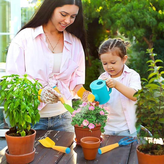 Biubee Kids Gardening Tools Set - Sturdy Kids Watering Can Toy Toddler Children's Gardening Kit Set with Metal Shovel Hand Rake Gloves for Girls Boys Birthday Gift Outdoor Beach Sand, Cyan