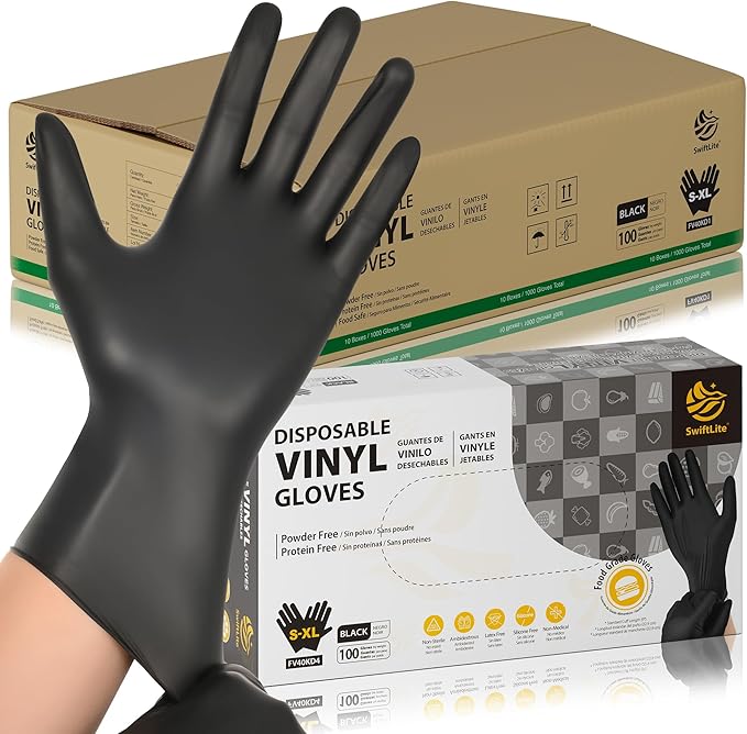 SWIFTLITE Black Vinyl Gloves, Food Grade Gloves Disposable Latex Free & Powder Free, Guantes for Cleaning Cooking Food Prep