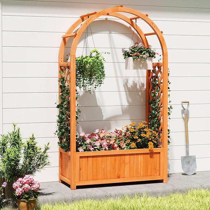 Giantex Set of 2 Raised Garden Bed with Arch Trellis, for Climbing Vine Flower Vegetable, Wood Planter Box with Liner & Drainage Design, Outdoor Plant Container for Yard Balcony (33"x14"x58")