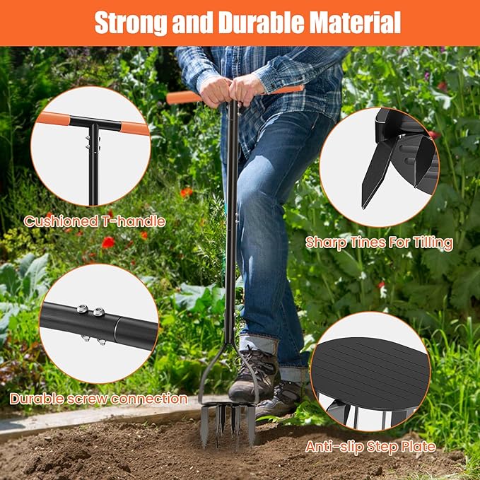 Luvenia Hand Tiller Cultivator with 5.1 Inch Deep 8 Steel Teeth, Manual Soil Tiller Garden Tool 40 Inch with Anti-Slip Pedal，Garden Claw for Weeding, Planting Aerating, Mixing Soil