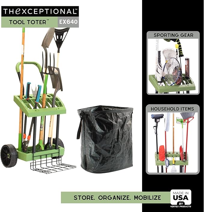Rolling Tool Toter with Leaf Toter and Load Toter Lift Plate | Lawn Care Cart with Leaf Collection Bag | Mobile Yard Raking Project Organizer Caddy | Made in USA by Vertex | Model EX640